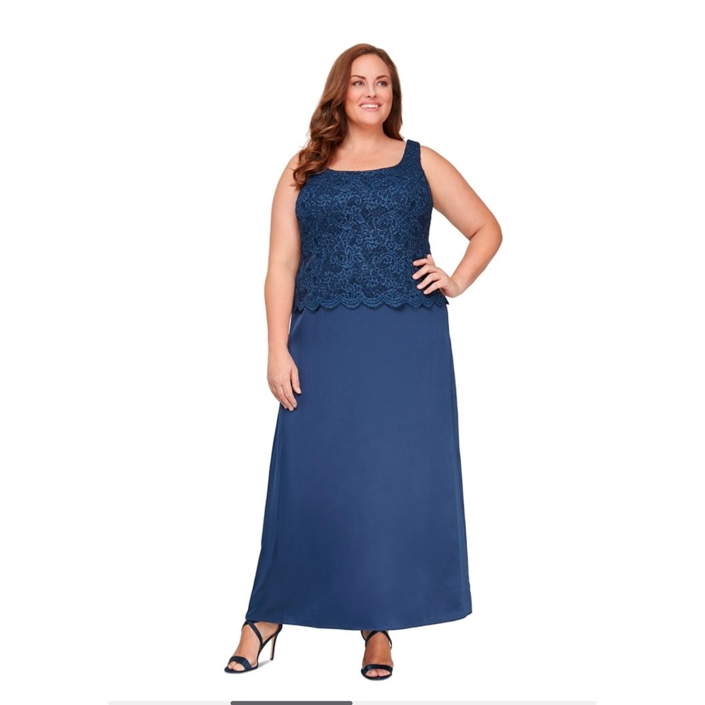 Alex‎ Evenings Navy Blue Lace Glitter Mock  Dress 20W Formal Maxi